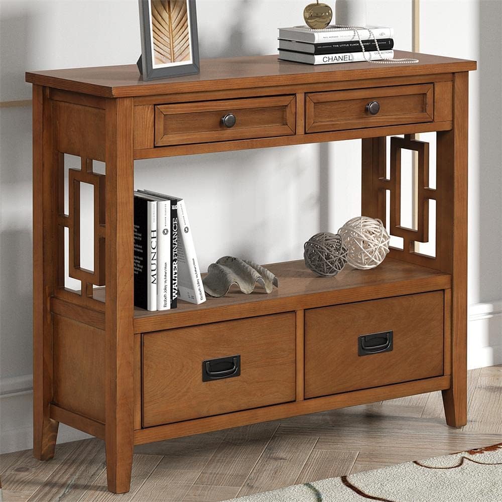 Farmhouse Wood Console Table With Drawers Shelf