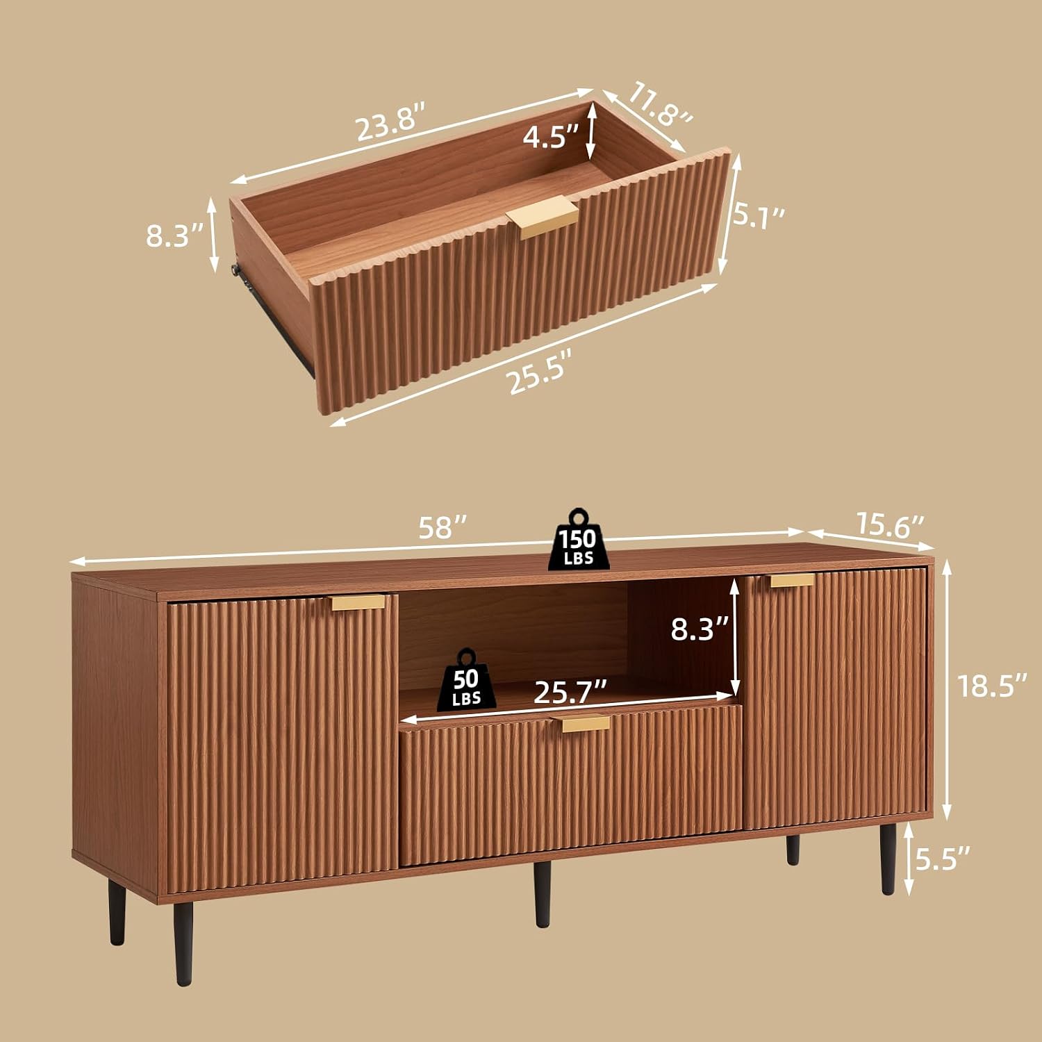 Fluted Walnut Modern TV Stand With Drawer