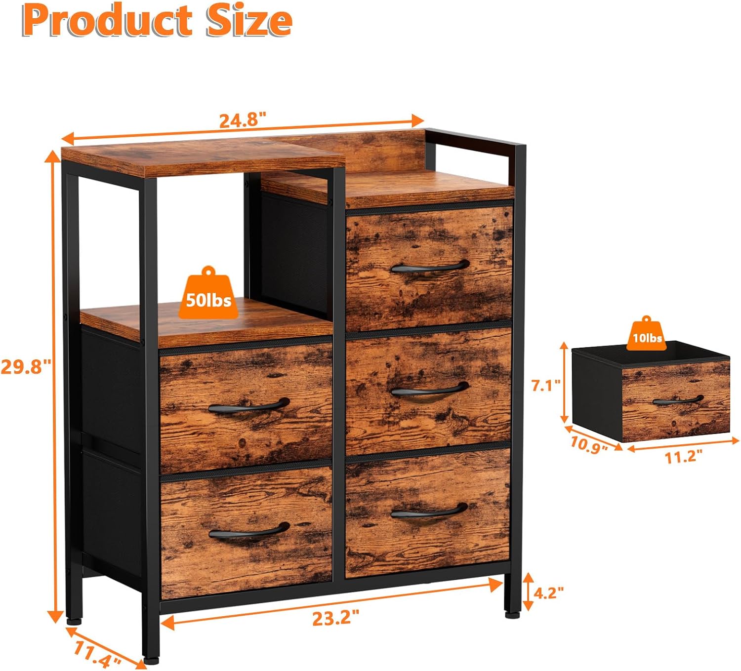 Rustic Dresser With Five Bedroom Storage Drawers