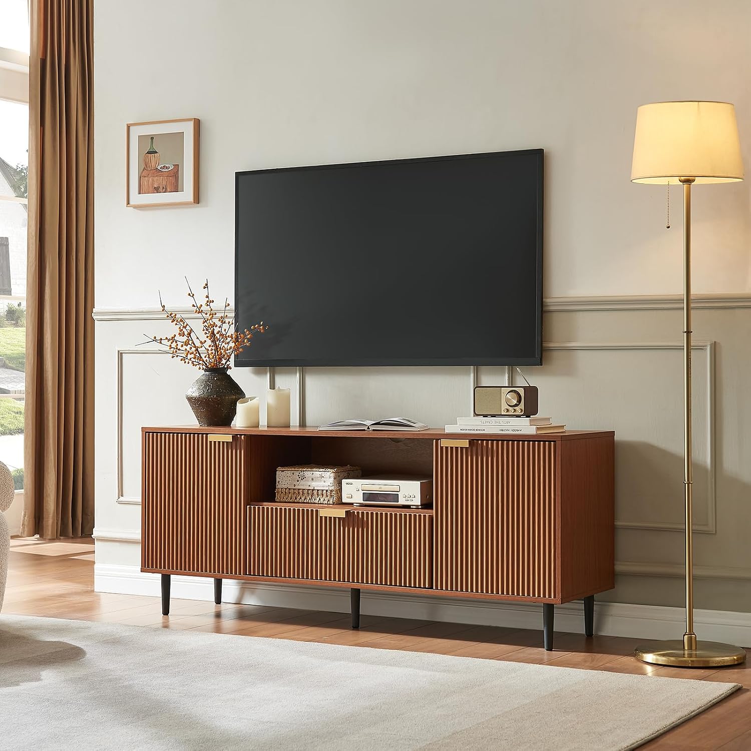 Fluted Walnut Modern TV Stand With Drawer