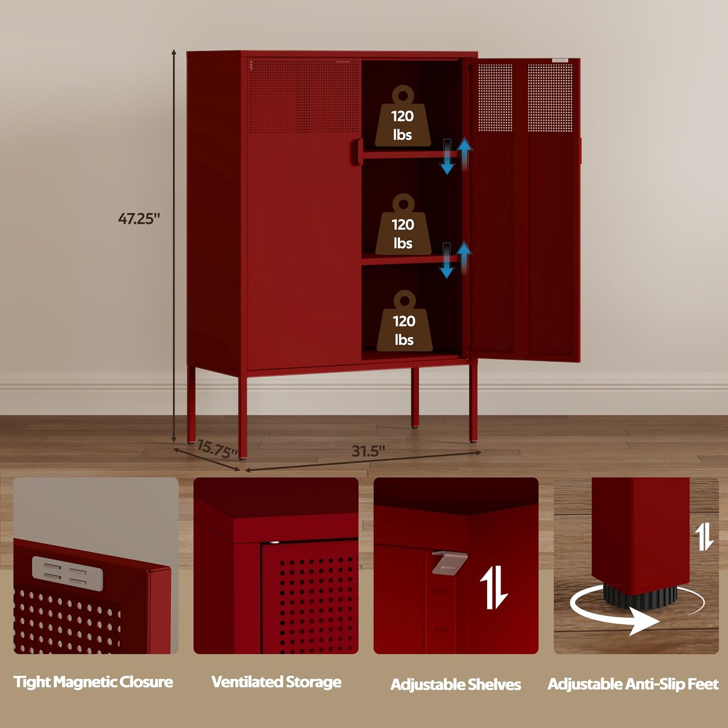 3‑Tier Metal Cabinet With Adjustable Mesh Doors