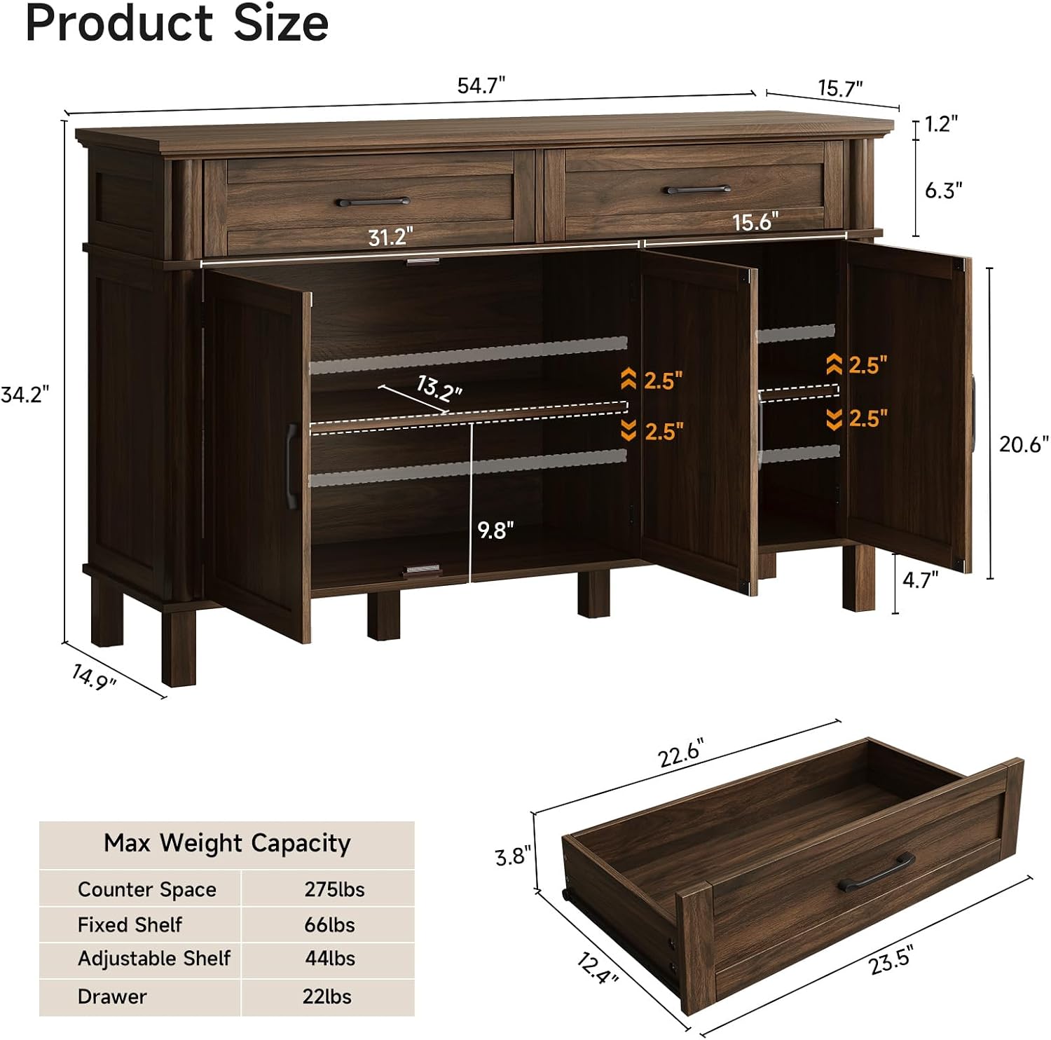 Walnut Wood Storage Buffet Sideboard Cabinet