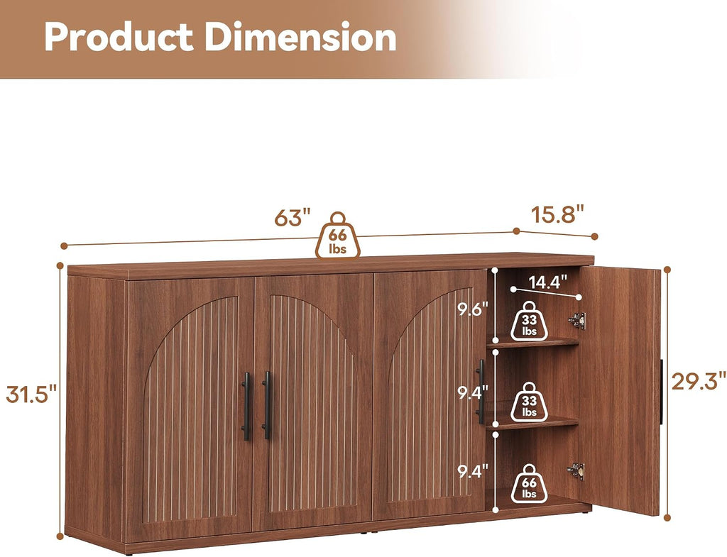 Fluted Walnut Storage Buffet Cabinet