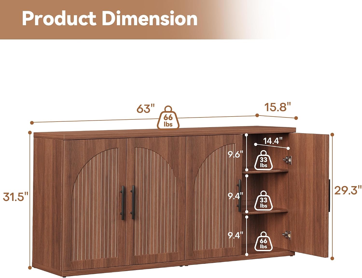 Fluted Walnut Storage Buffet Cabinet