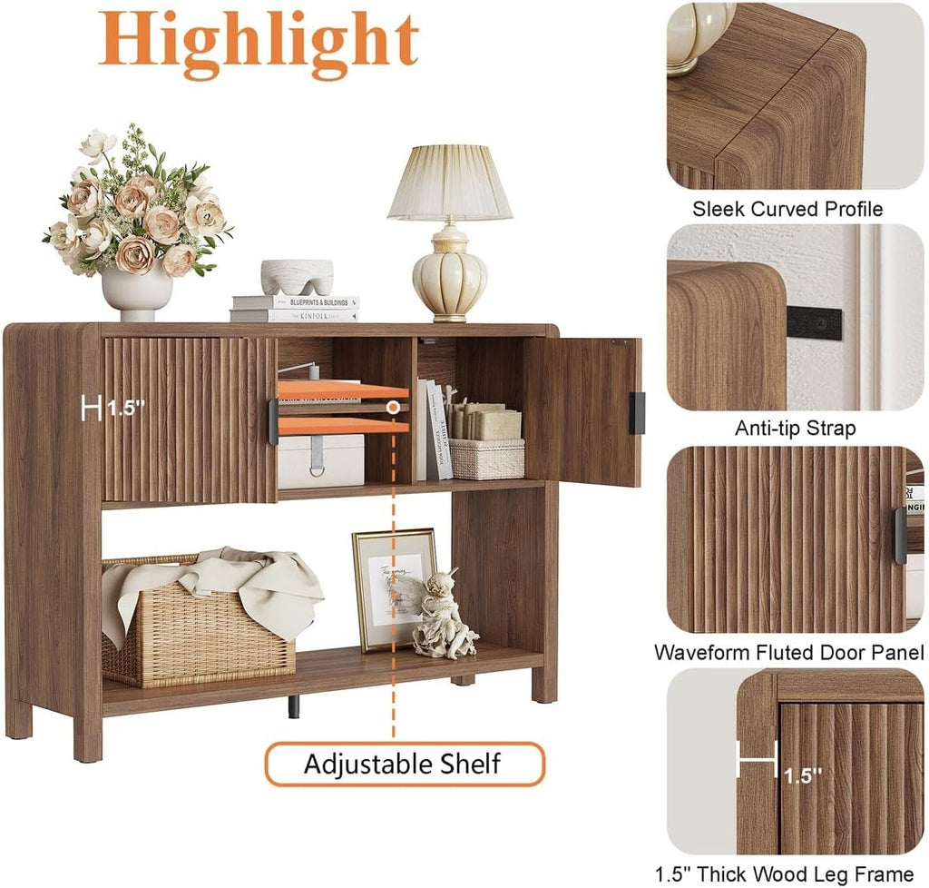 Farmhouse Console Table With Cabinet Shelf Storage