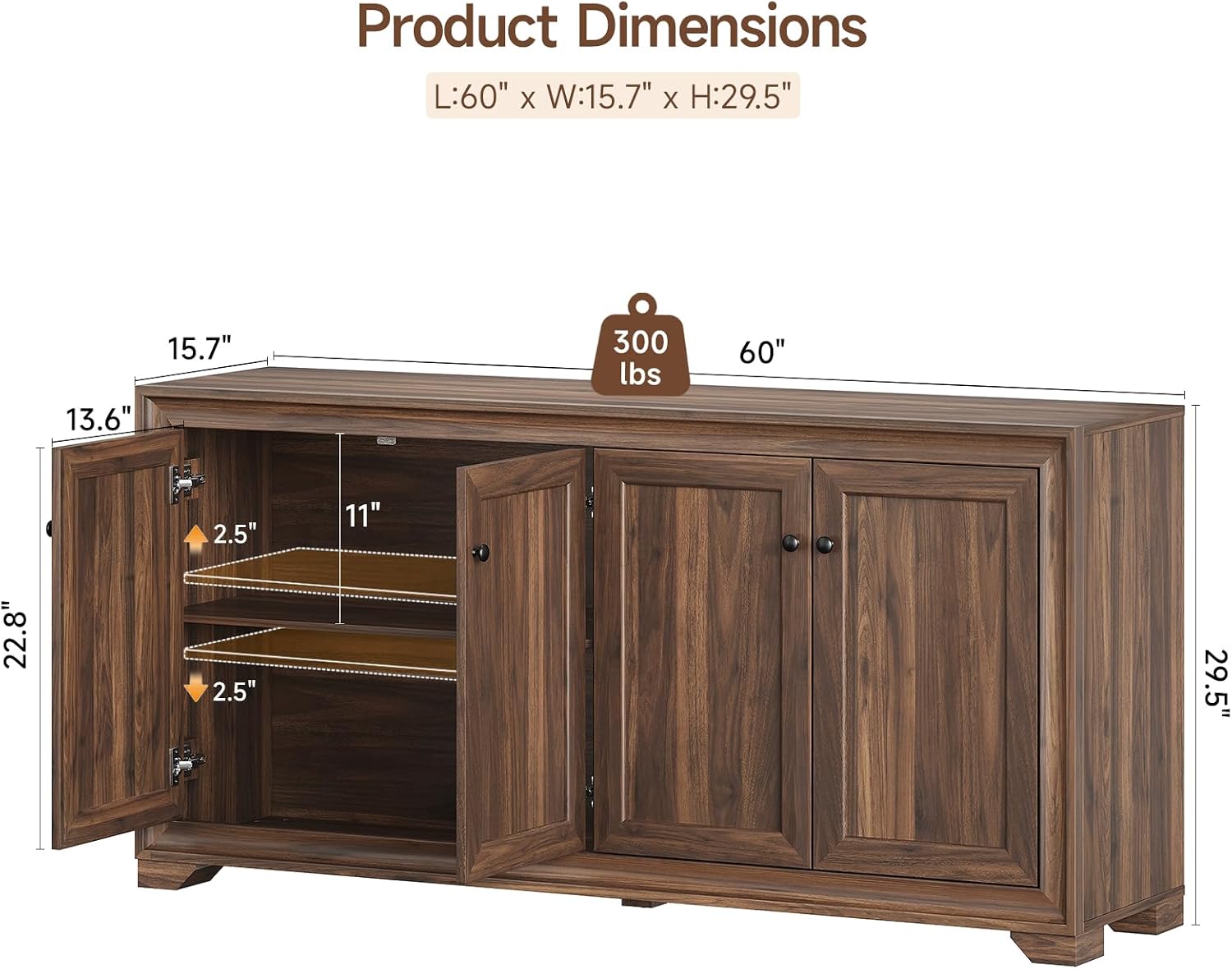 Brown Wood Storage Buffet Sideboard Cabinet