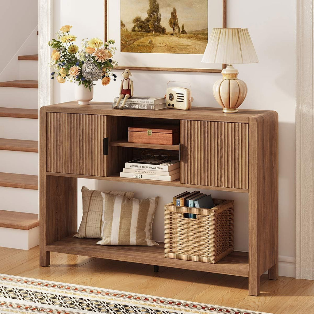 Farmhouse Console Table With Cabinet Shelf Storage