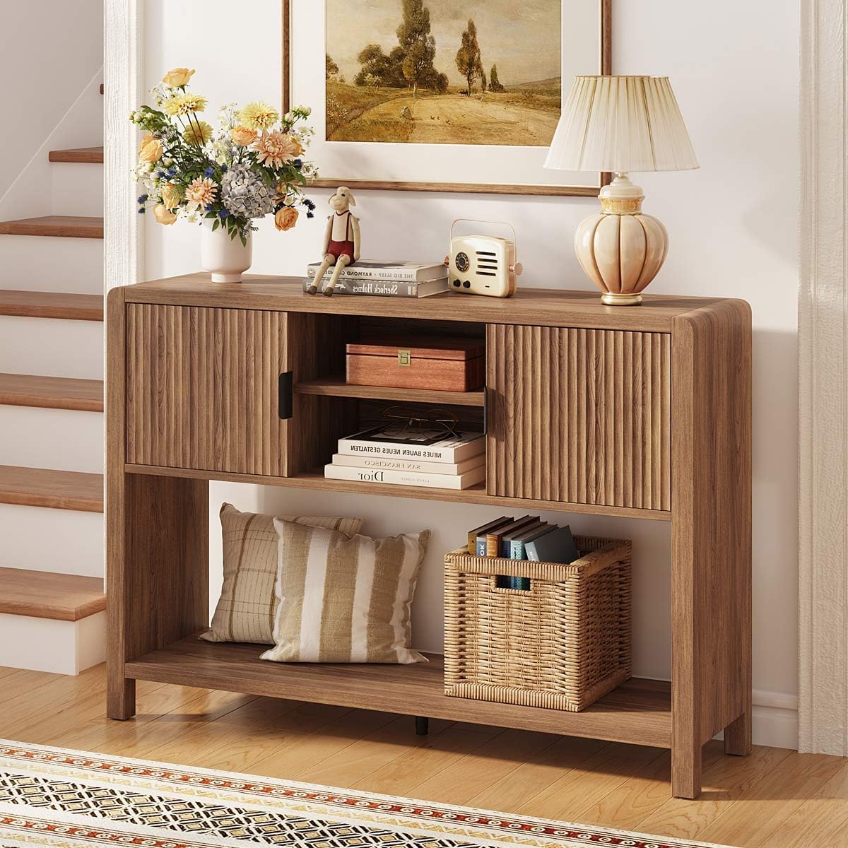 Farmhouse Console Table With Cabinet Shelf Storage