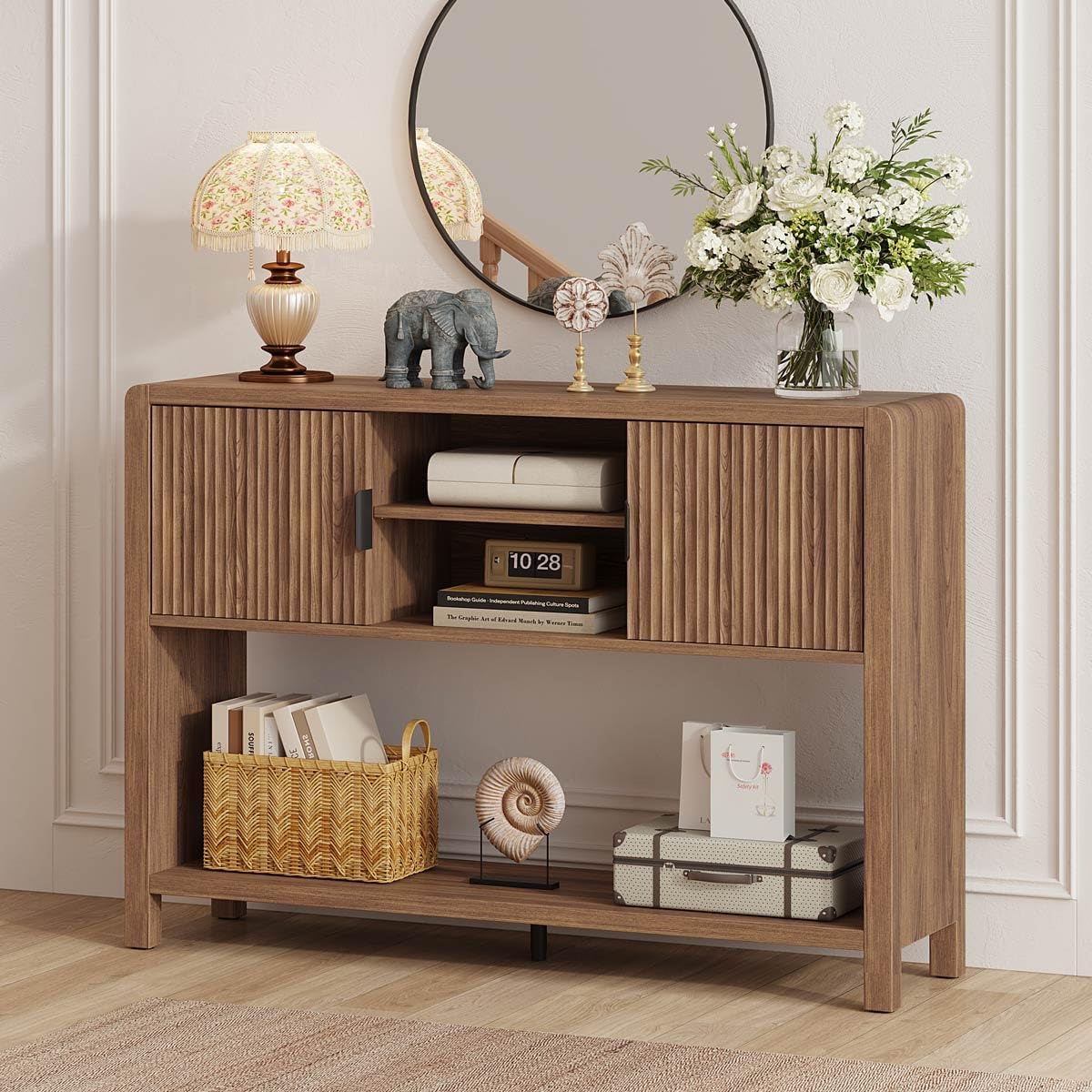 Farmhouse Console Table With Cabinet Shelf Storage