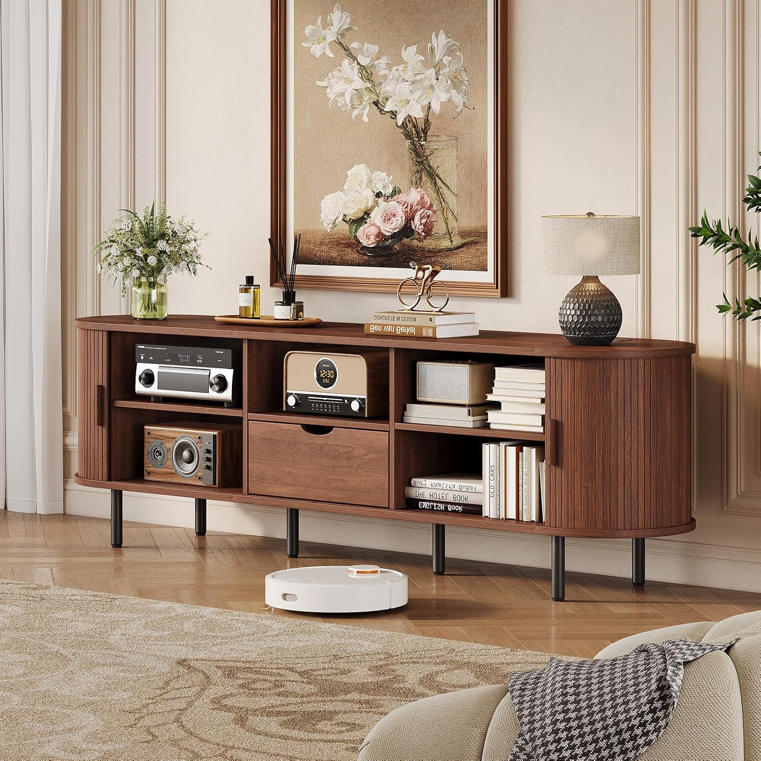 Fluted Media TV Stand With Power Outlet