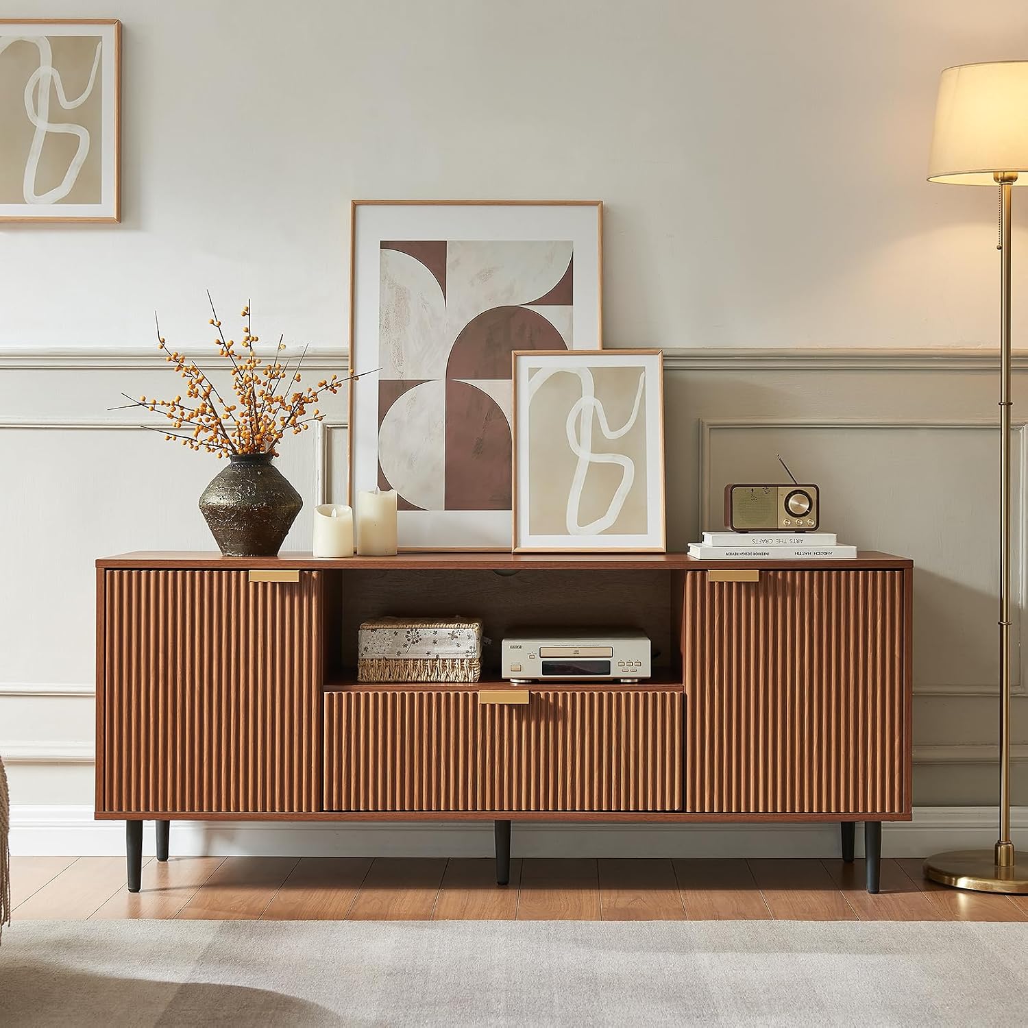 Fluted Walnut Modern TV Stand With Drawer