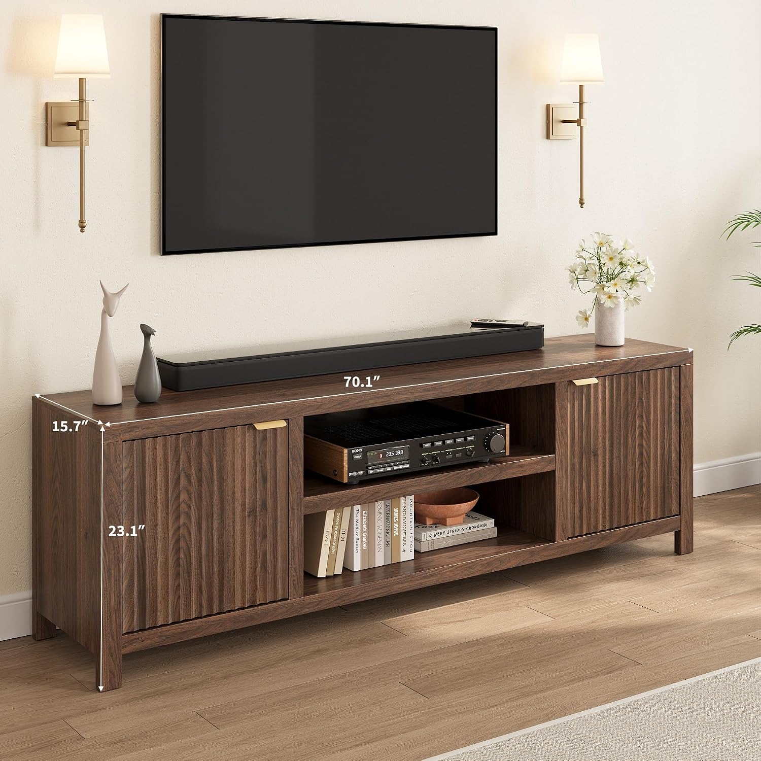 Fluted Walnut Media Storage TV Stand