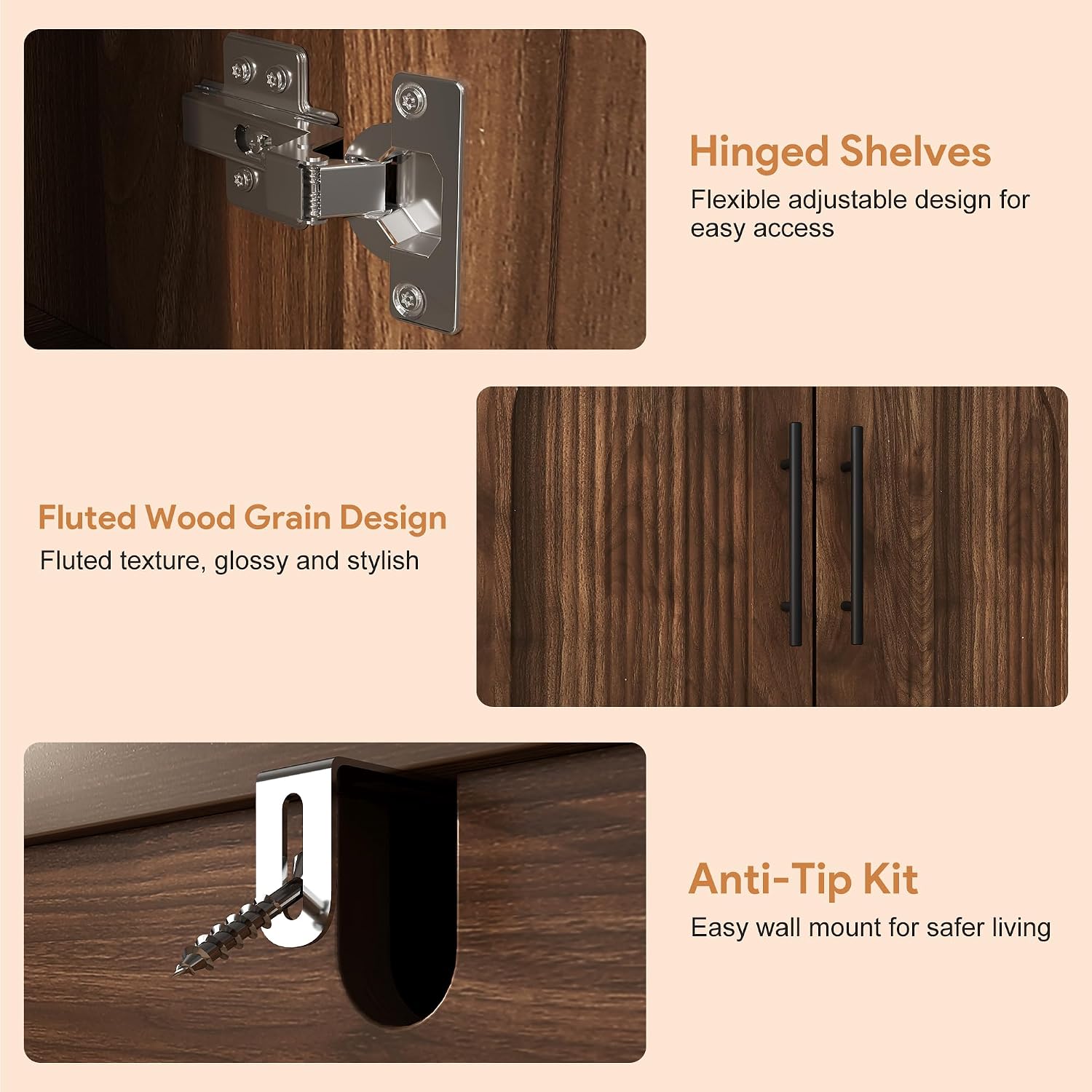 Fluted Walnut Storage Sideboard Cabinet