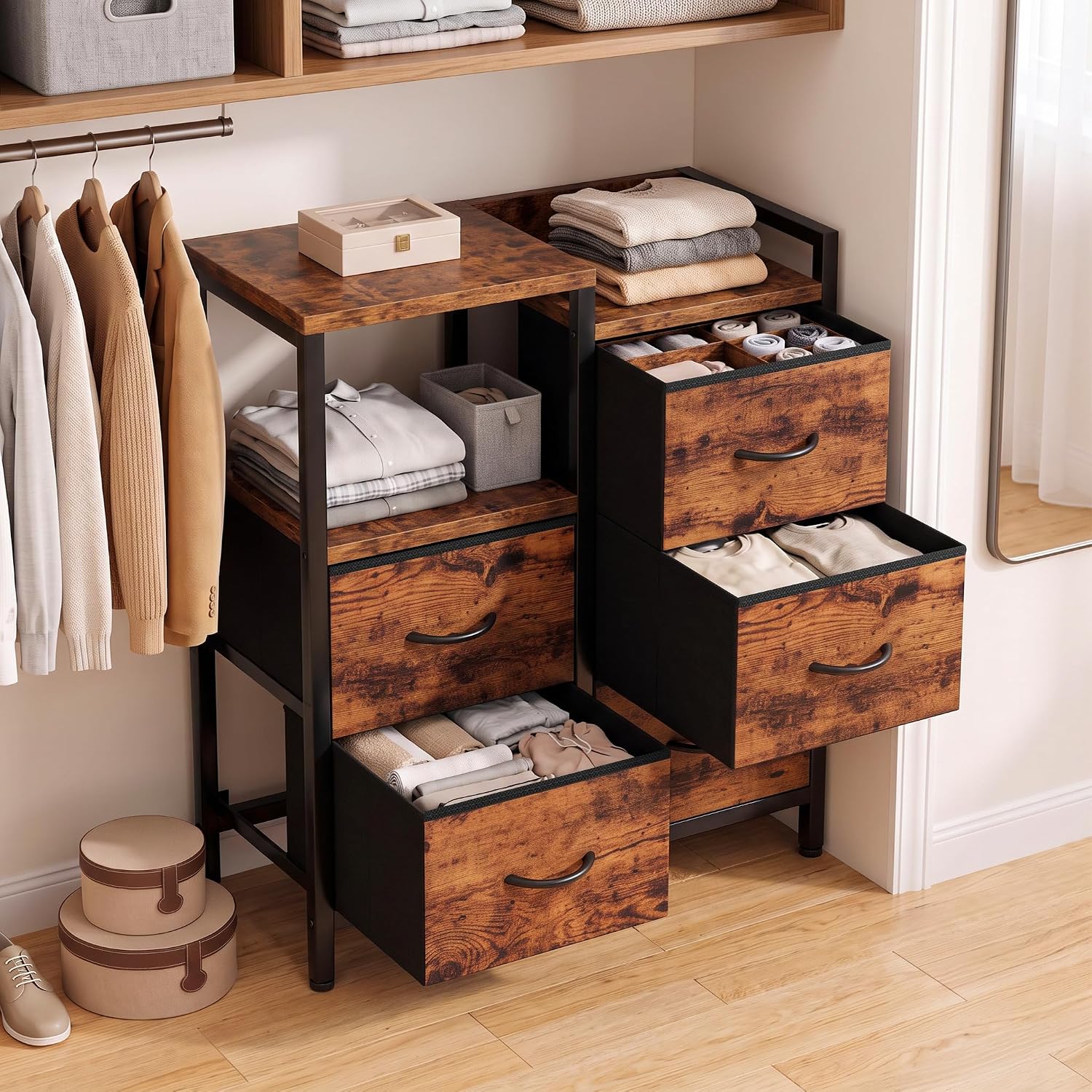 Rustic Dresser With Five Bedroom Storage Drawers