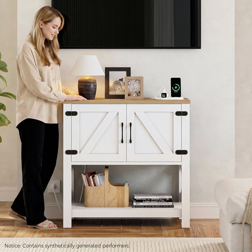 Farmhouse Console Table With USB Storage Cabinet