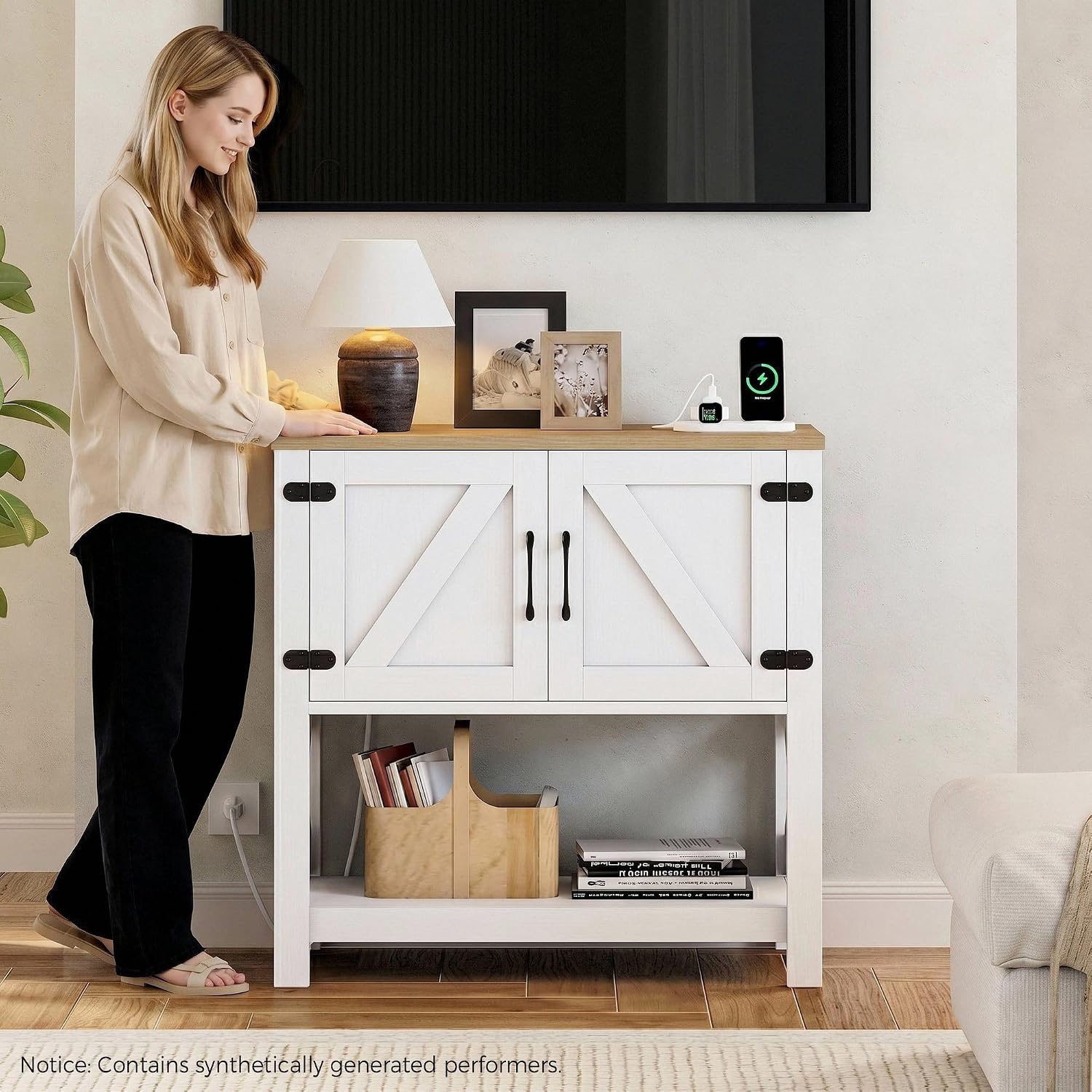Farmhouse Console Table With USB Storage Cabinet