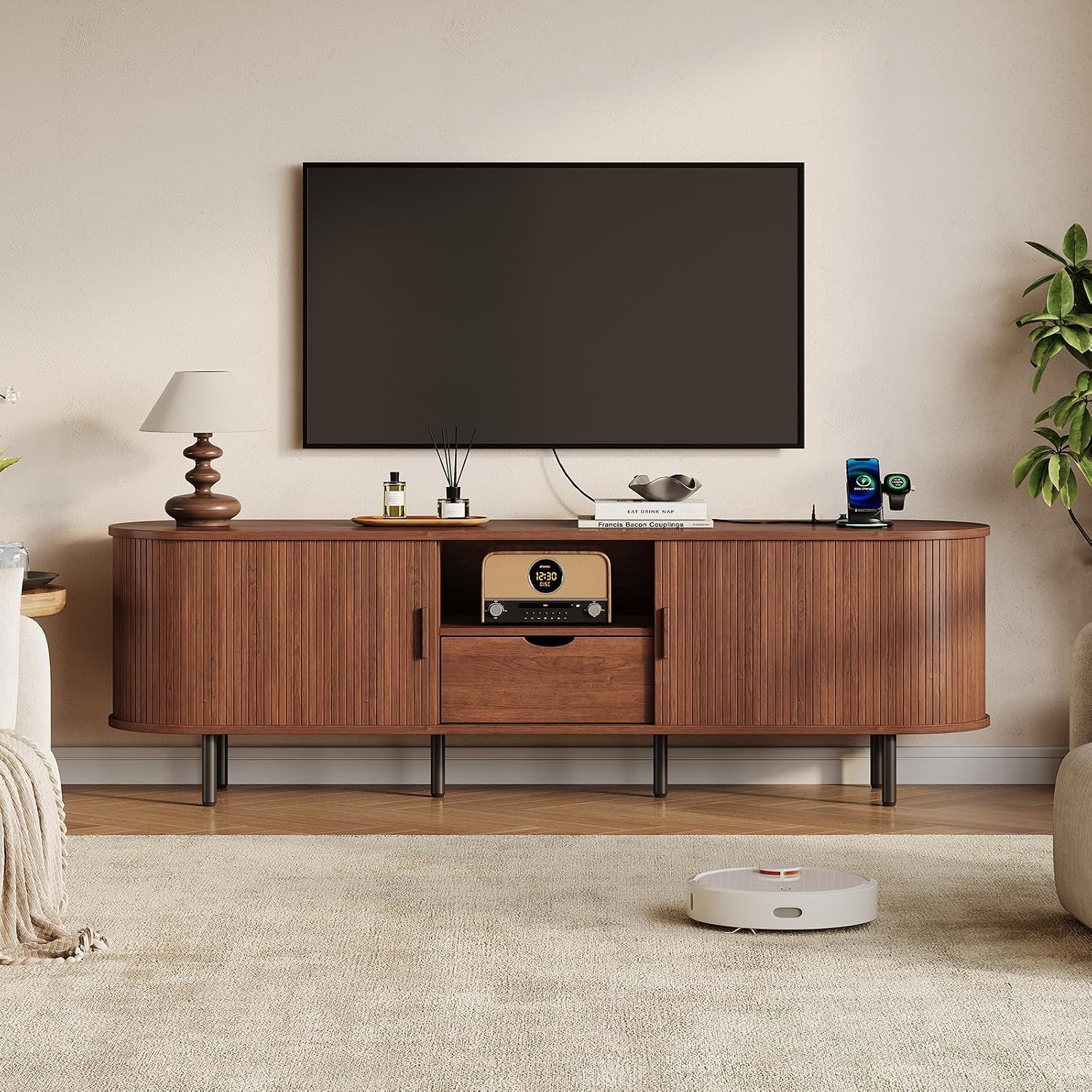 Fluted Media TV Stand With Power Outlet