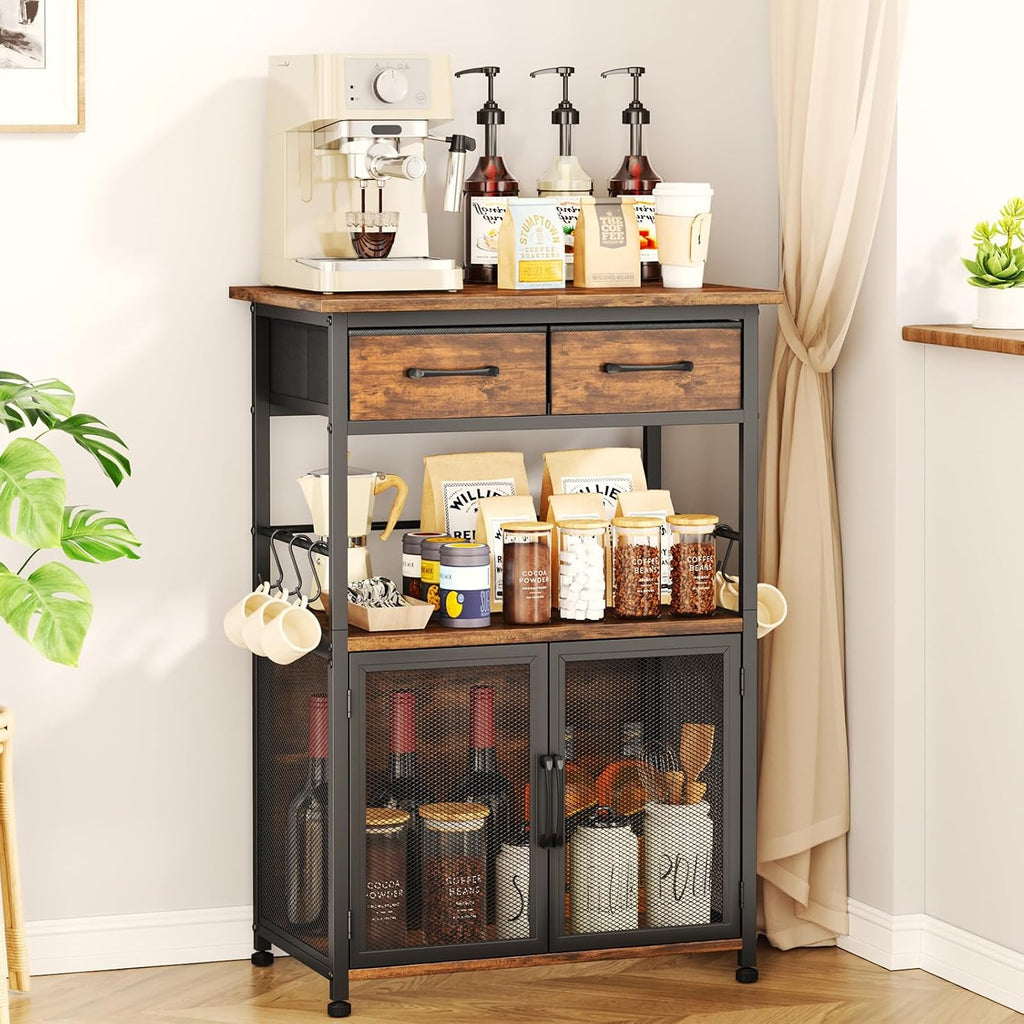 Coffee Bar Cabinet With Drawer Storage Hooks