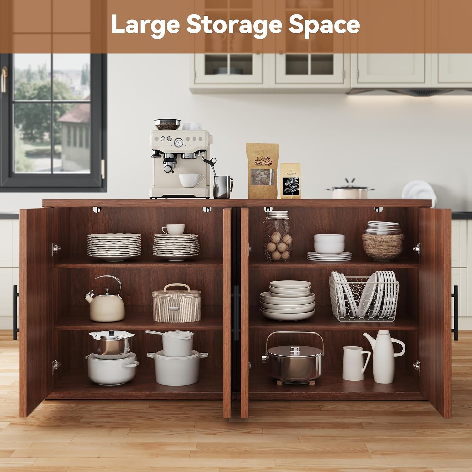 Fluted Walnut Storage Buffet Cabinet
