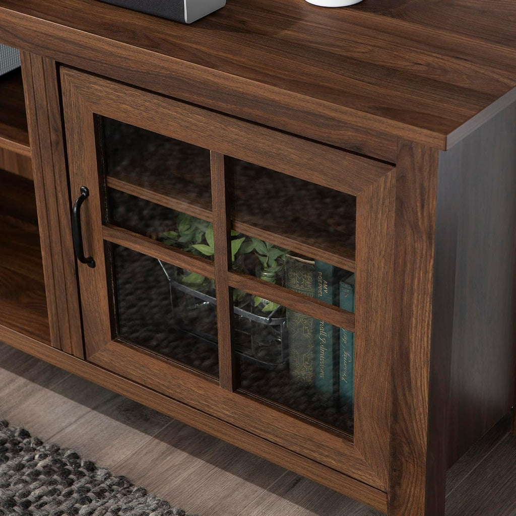 Walnut TV Stand With Glass Storage Doors