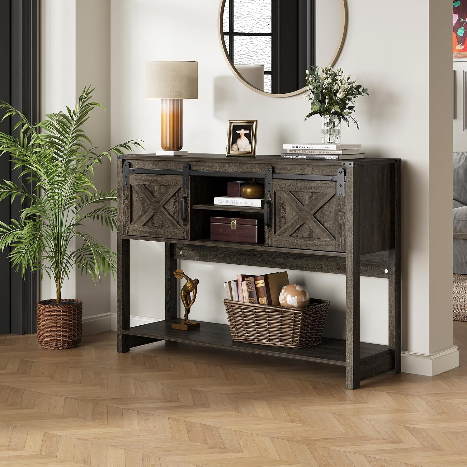 Wood Console Table With Barn Door Storage