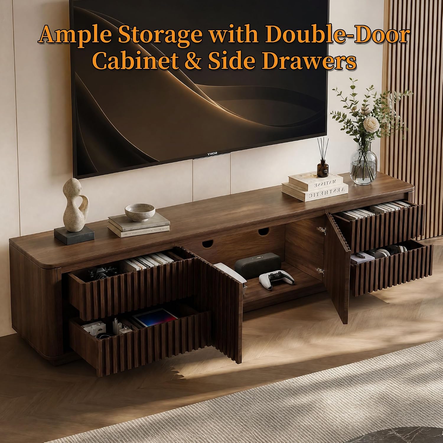 Mid‑Century Walnut Large TV Console Stand