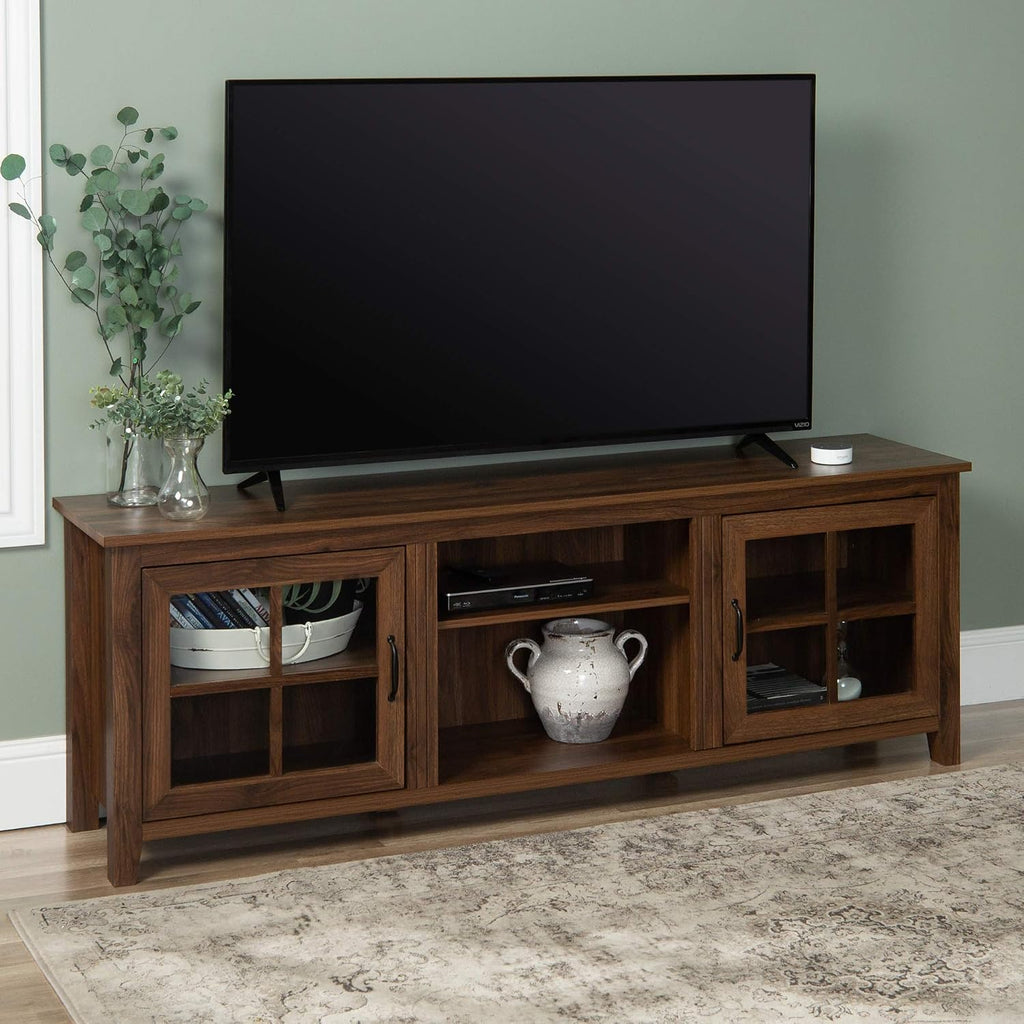 Walnut TV Stand With Glass Storage Doors