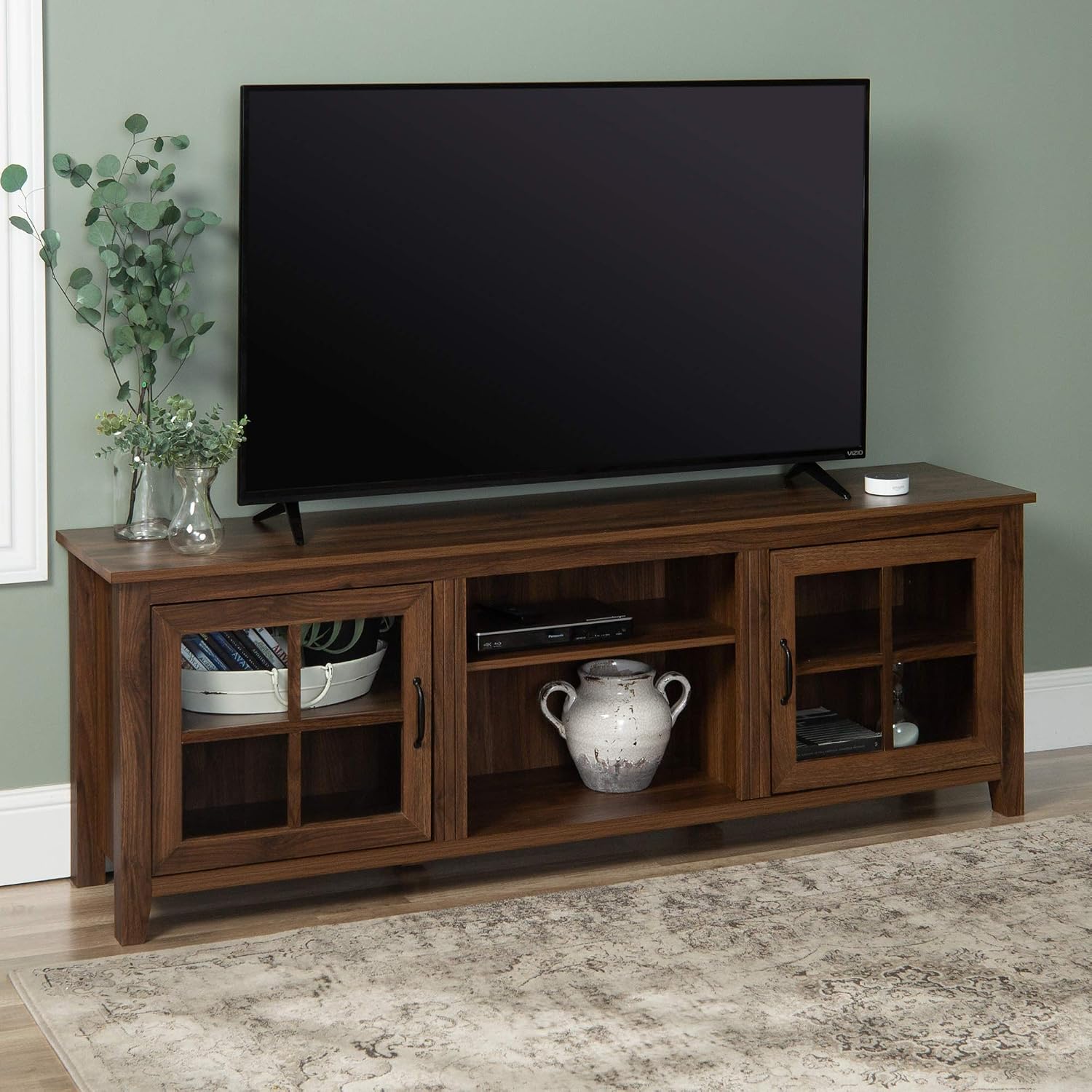 Walnut TV Stand With Glass Storage Doors