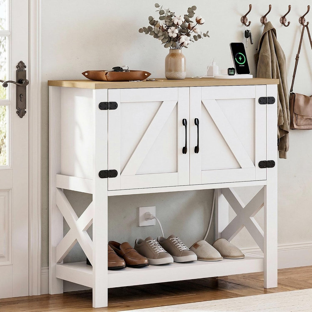 Farmhouse Console Table With USB Storage Cabinet
