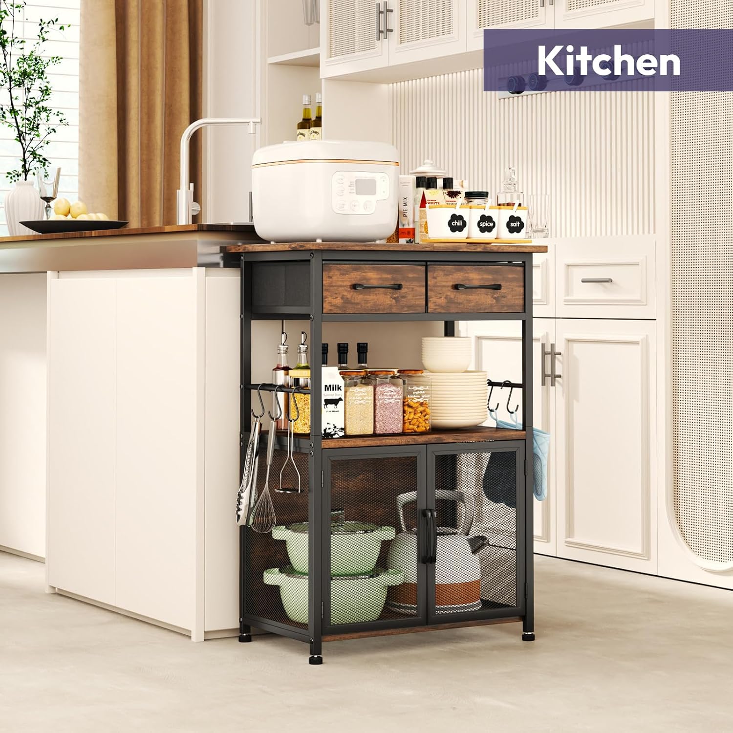 Coffee Bar Cabinet With Drawer Storage Hooks