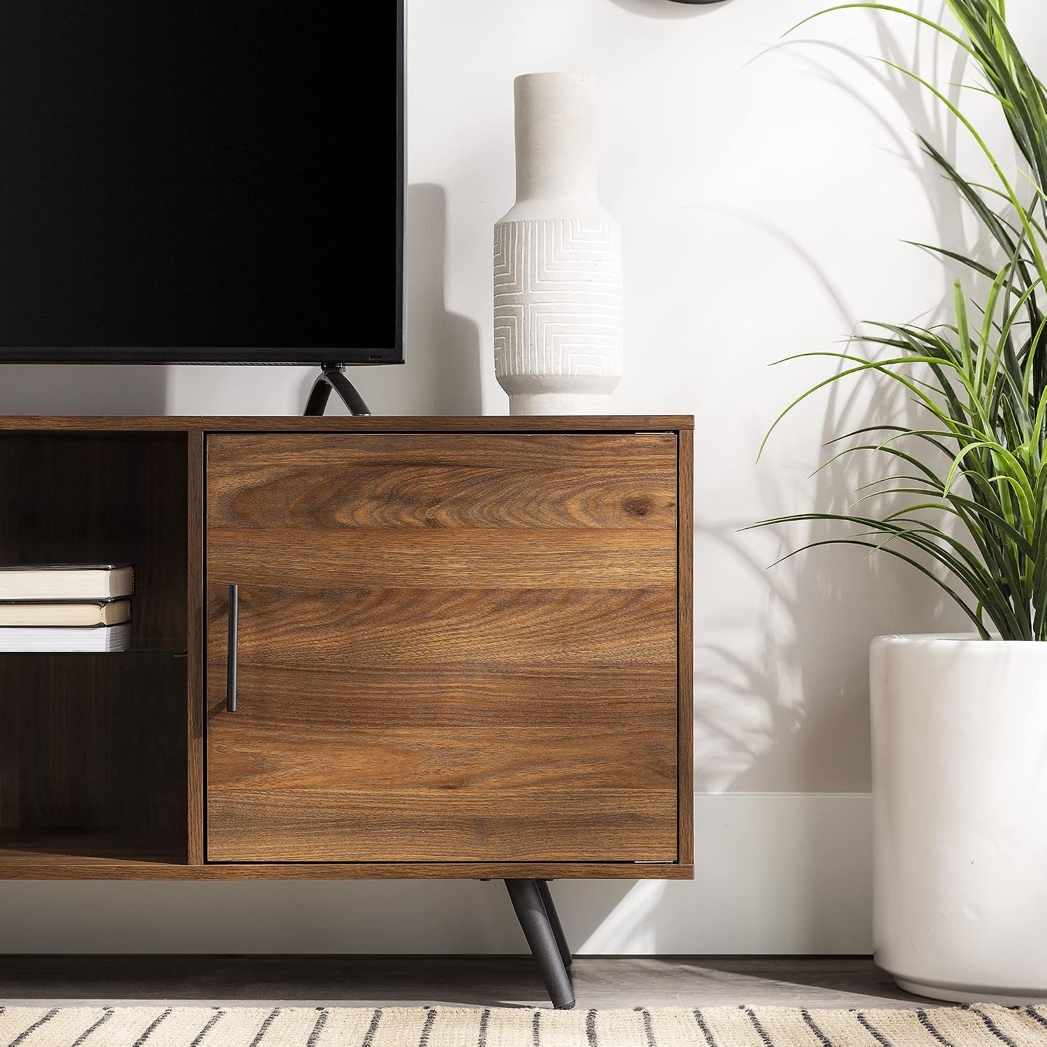 Mid‑Century Walnut TV Stand With Glass Shelves