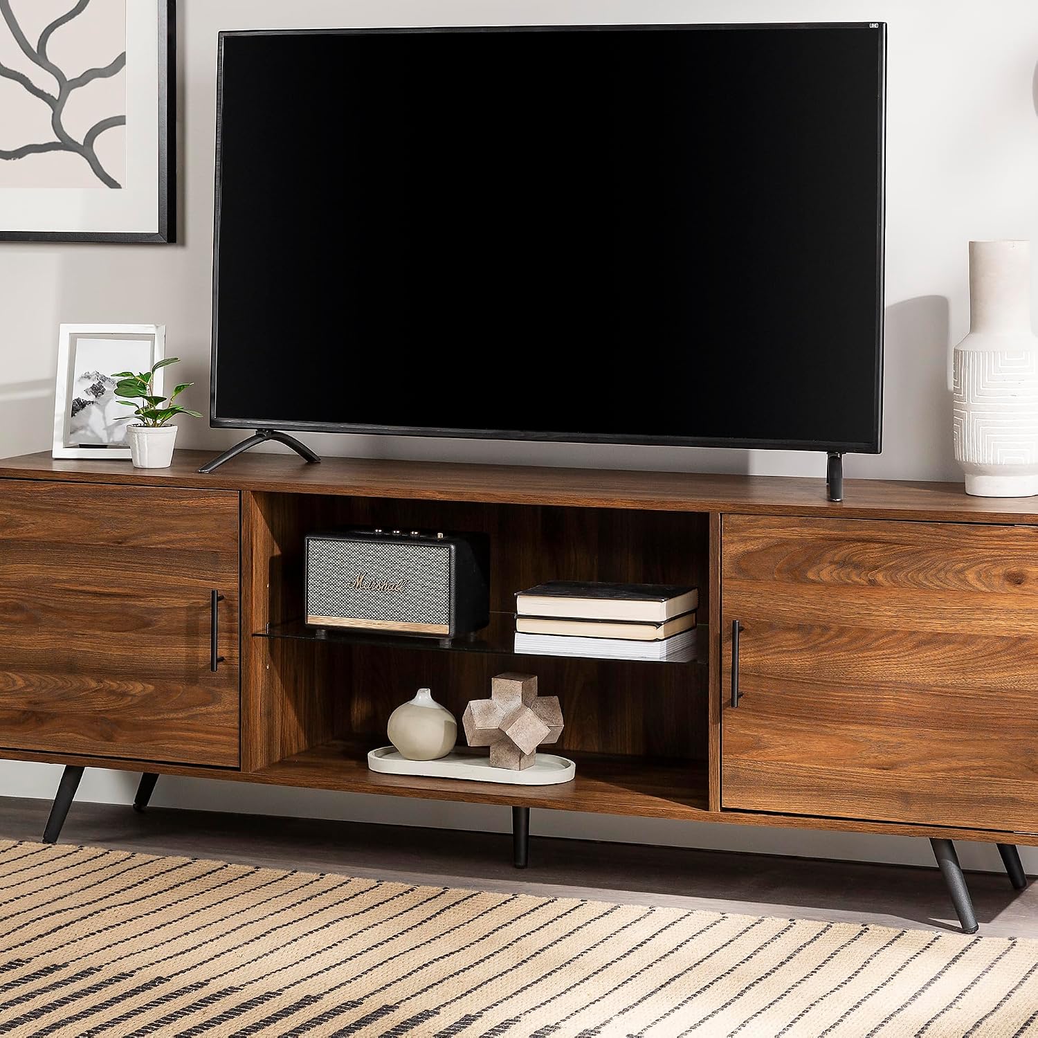 Mid‑Century Walnut TV Stand With Glass Shelves