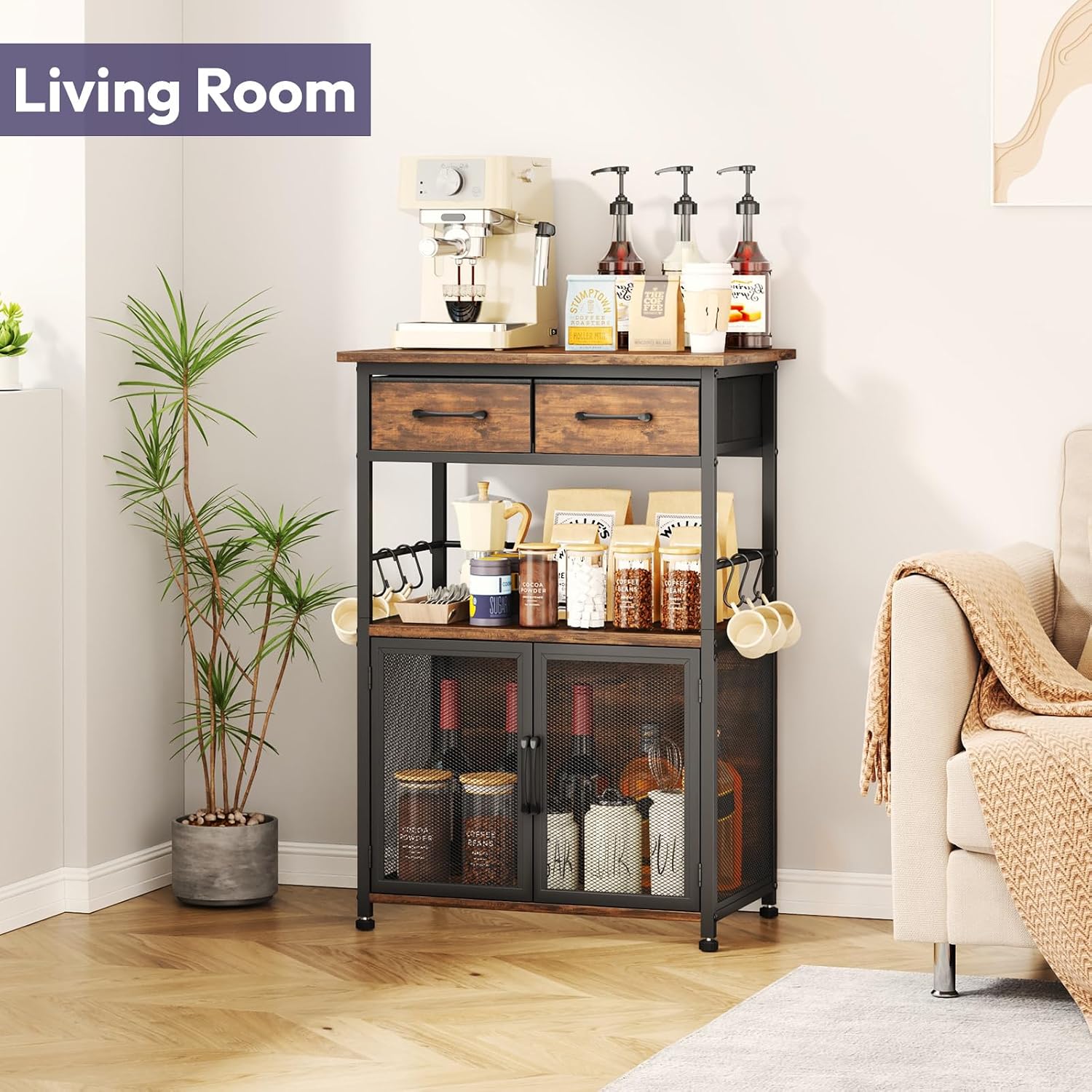 Coffee Bar Cabinet With Drawer Storage Hooks