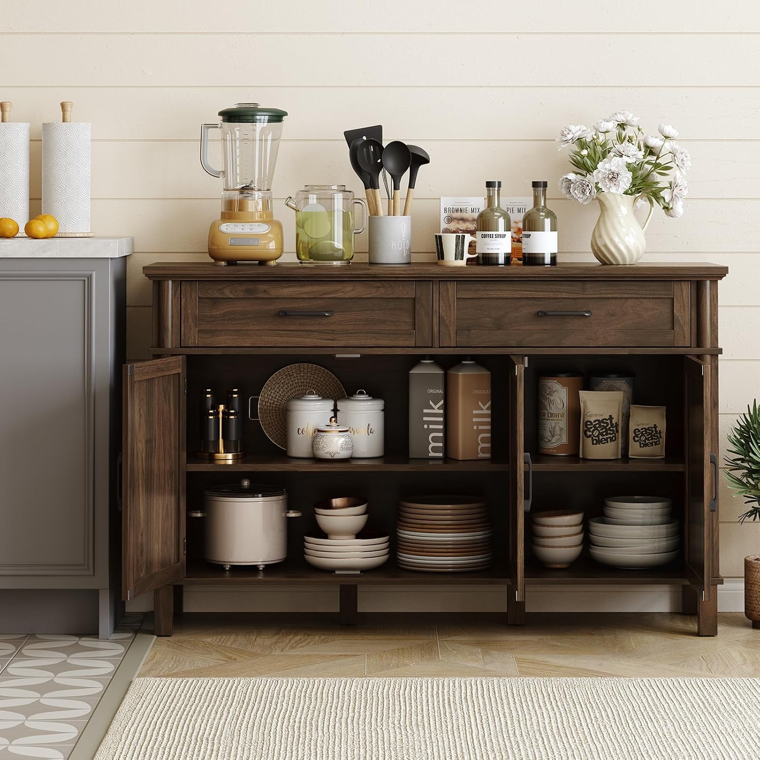 Walnut Wood Storage Buffet Sideboard Cabinet