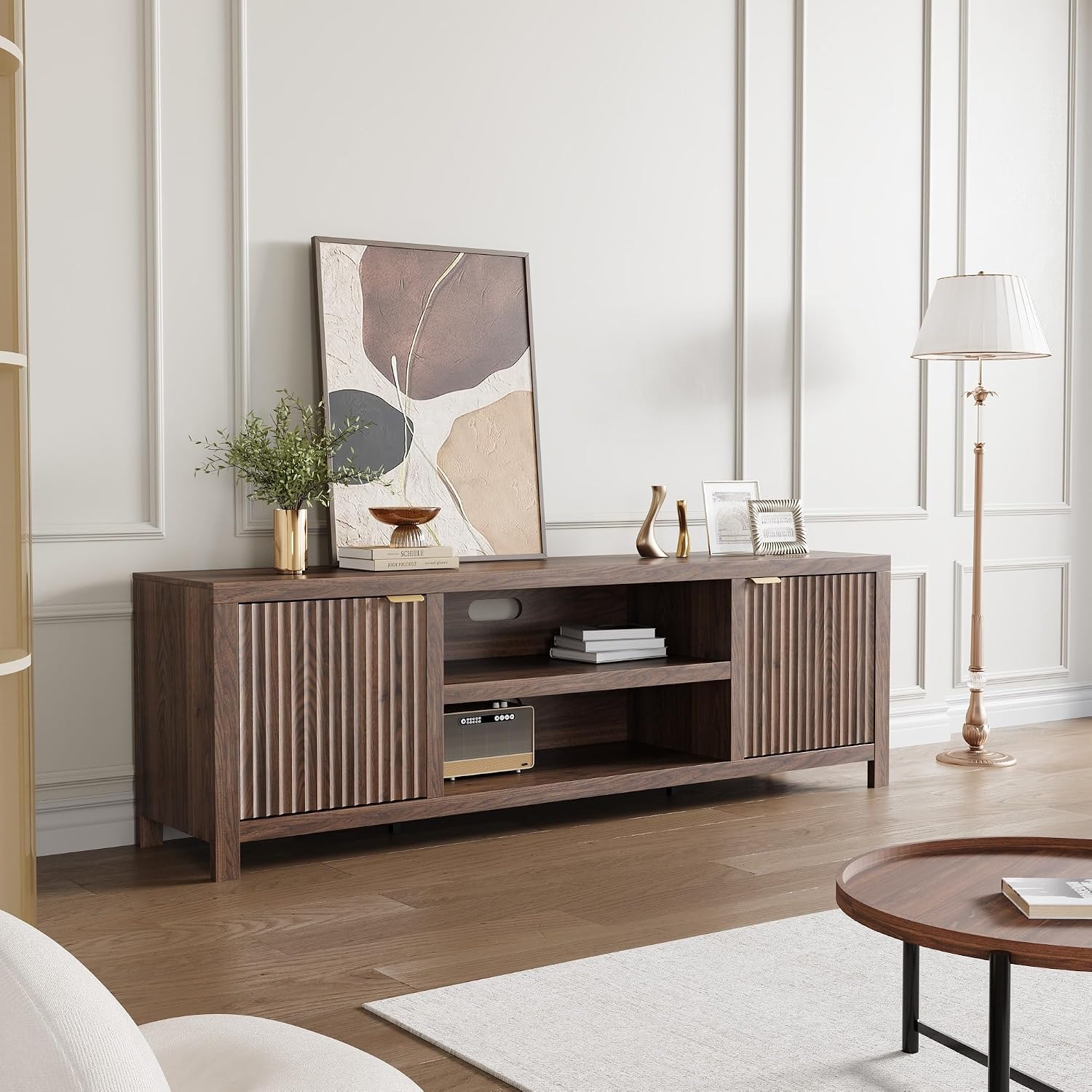 Fluted Walnut Media Storage TV Stand
