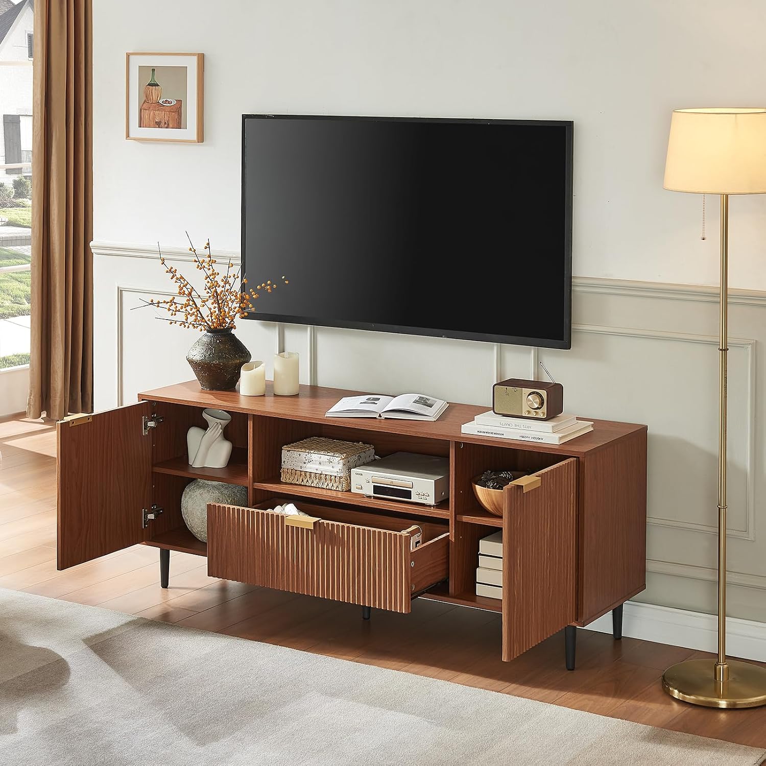 Fluted Walnut Modern TV Stand With Drawer