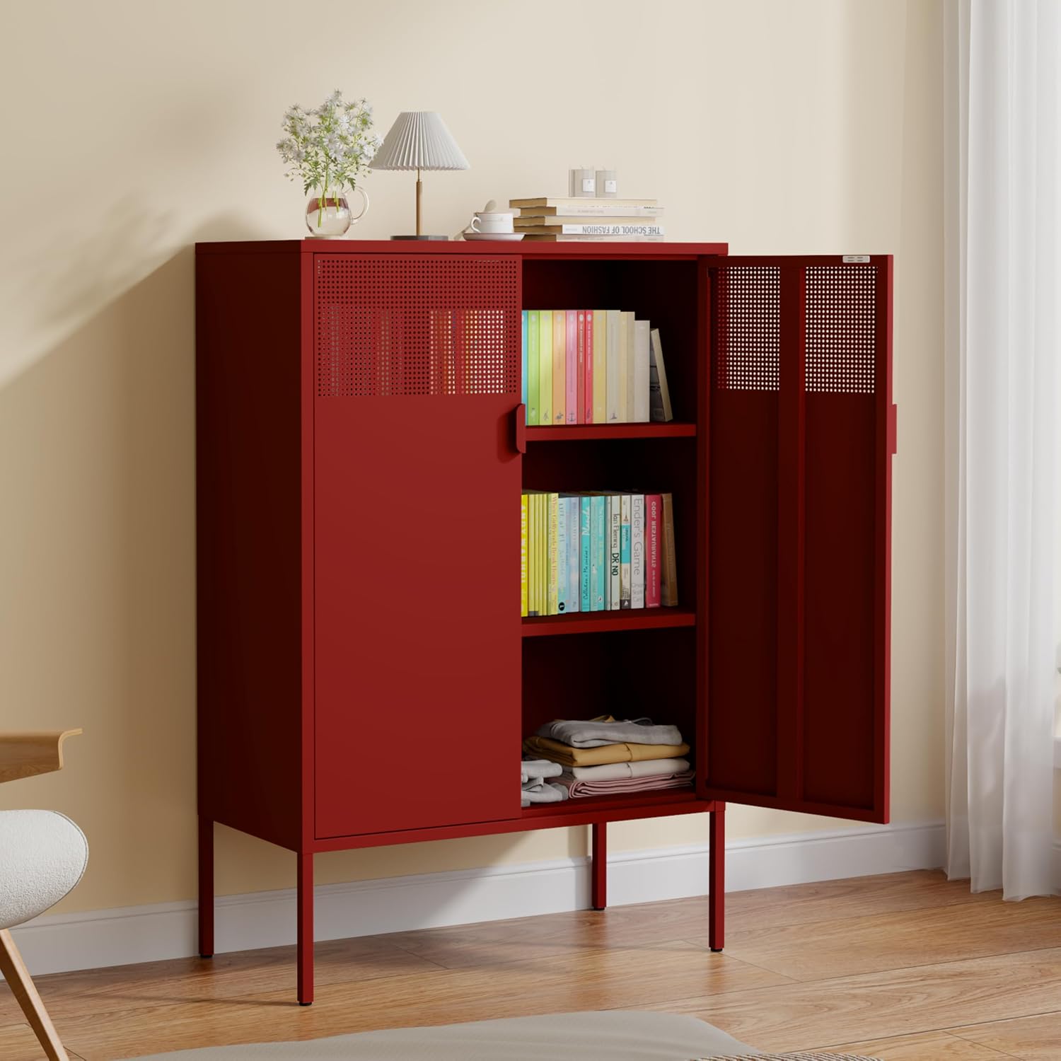 3‑Tier Metal Cabinet With Adjustable Mesh Doors