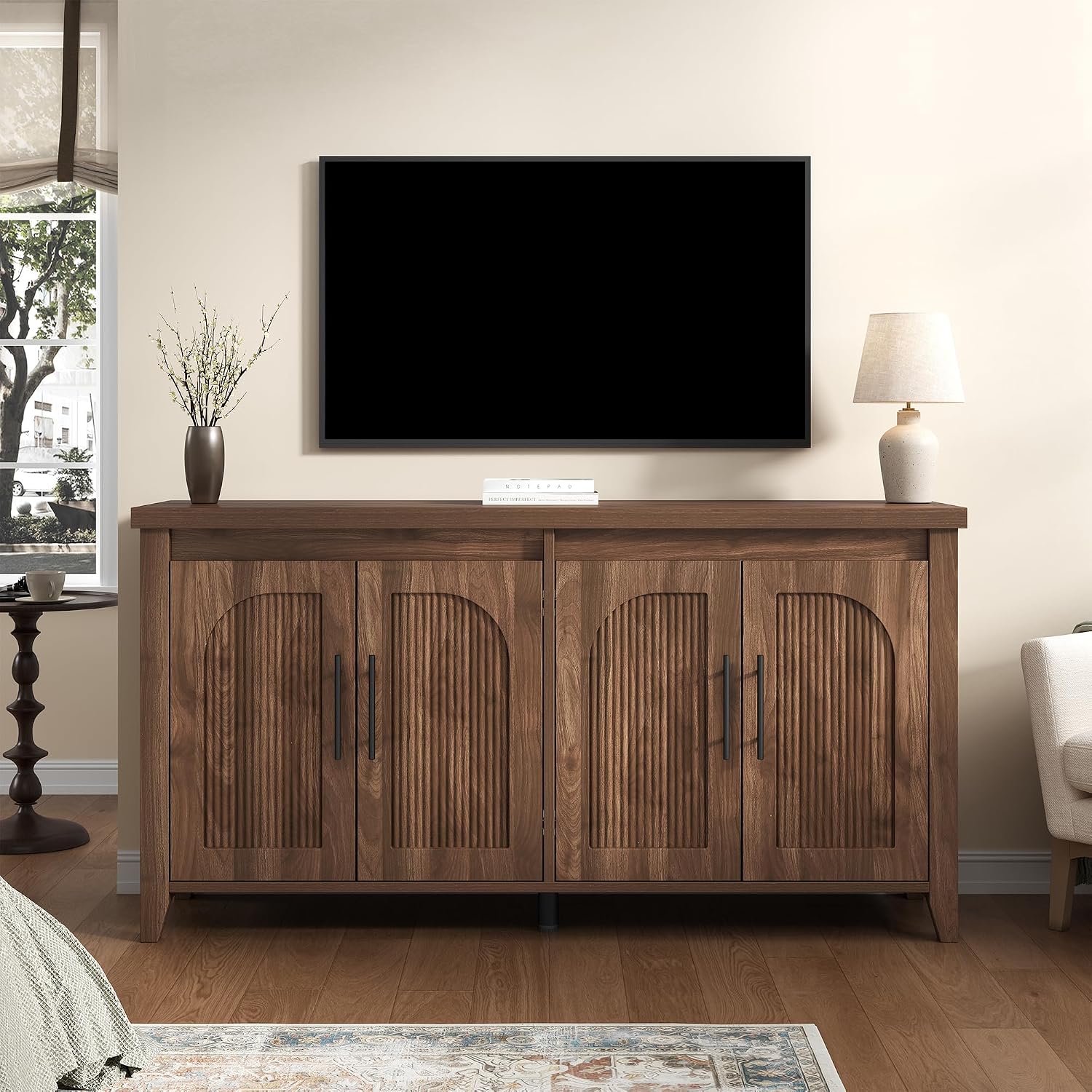 Fluted Walnut Storage Sideboard Cabinet