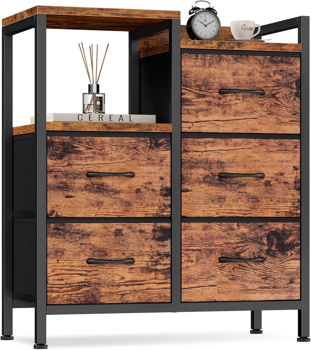 Rustic Dresser With Five Bedroom Storage Drawers