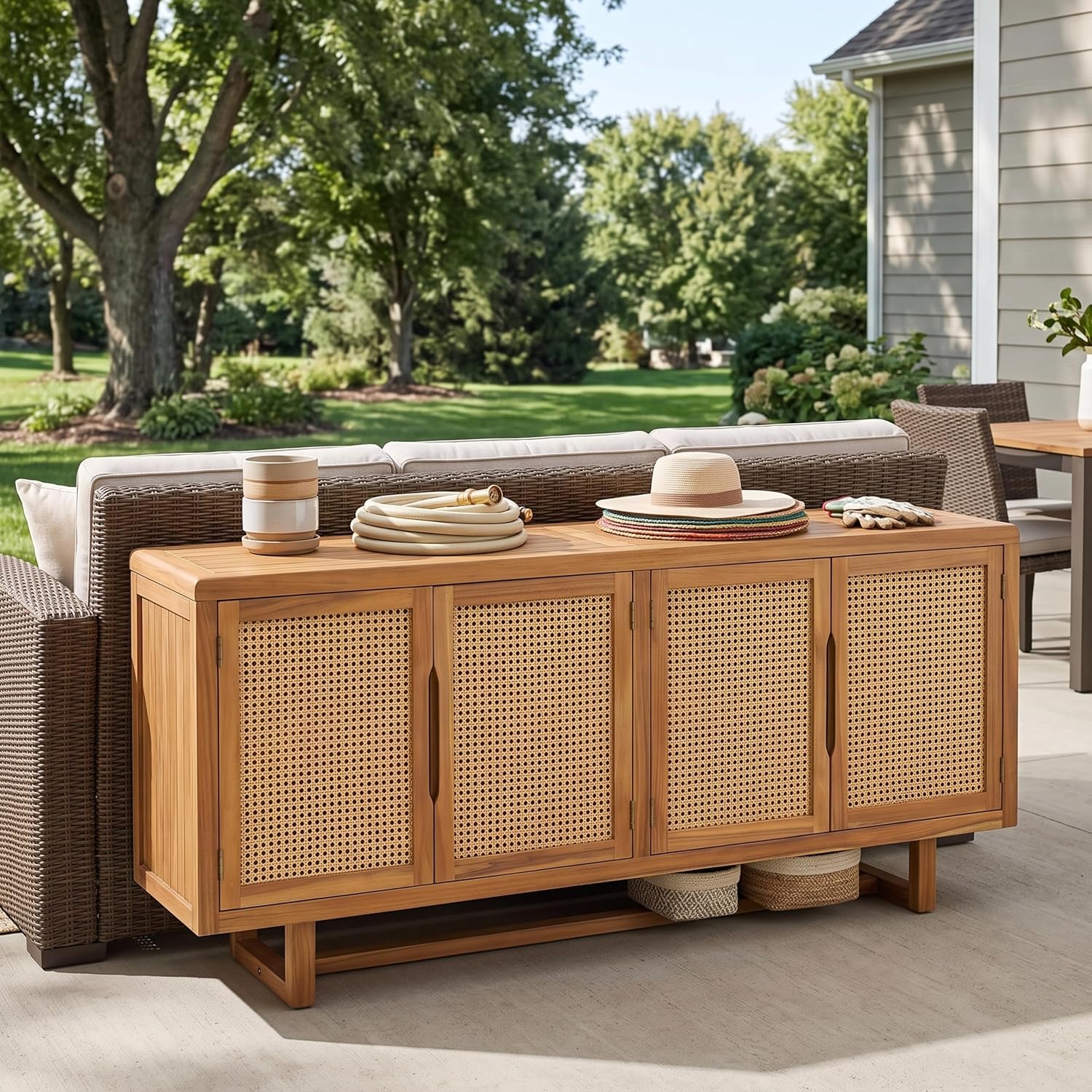 Teak Wicker Outdoor Storage Sideboard Cabinet