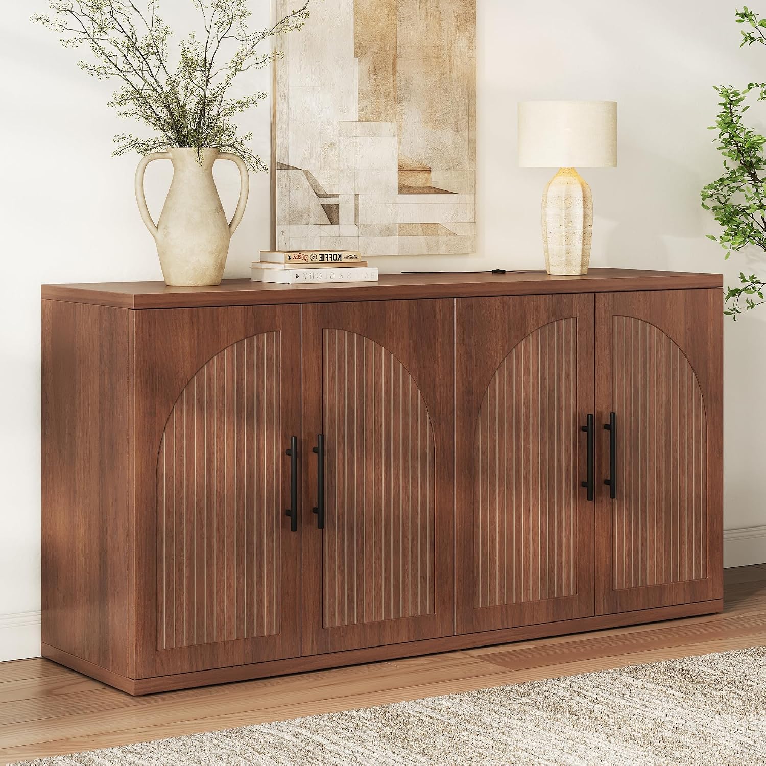 Fluted Walnut Storage Buffet Cabinet