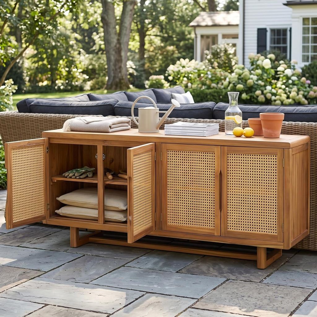 Teak Wicker Outdoor Storage Sideboard Cabinet