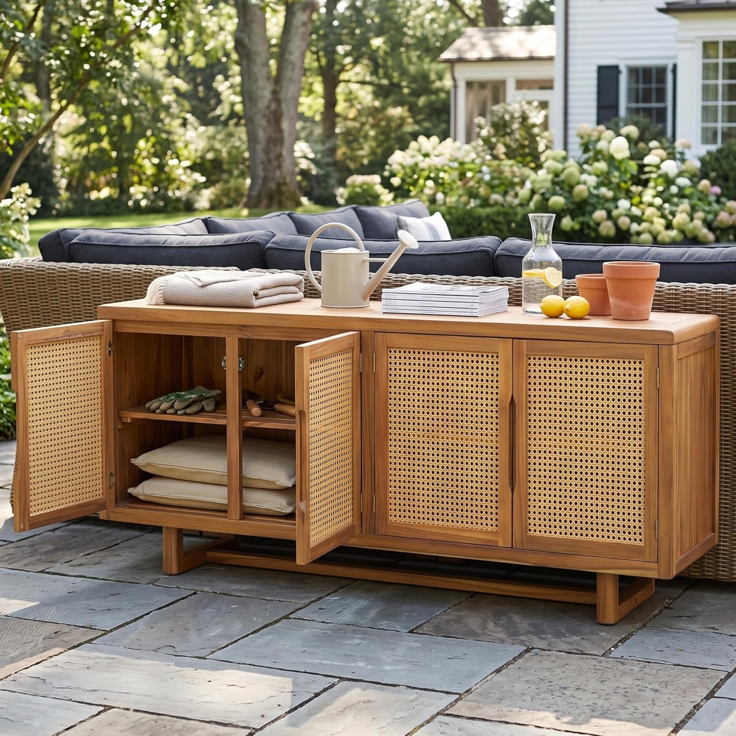 Teak Wicker Outdoor Storage Sideboard Cabinet