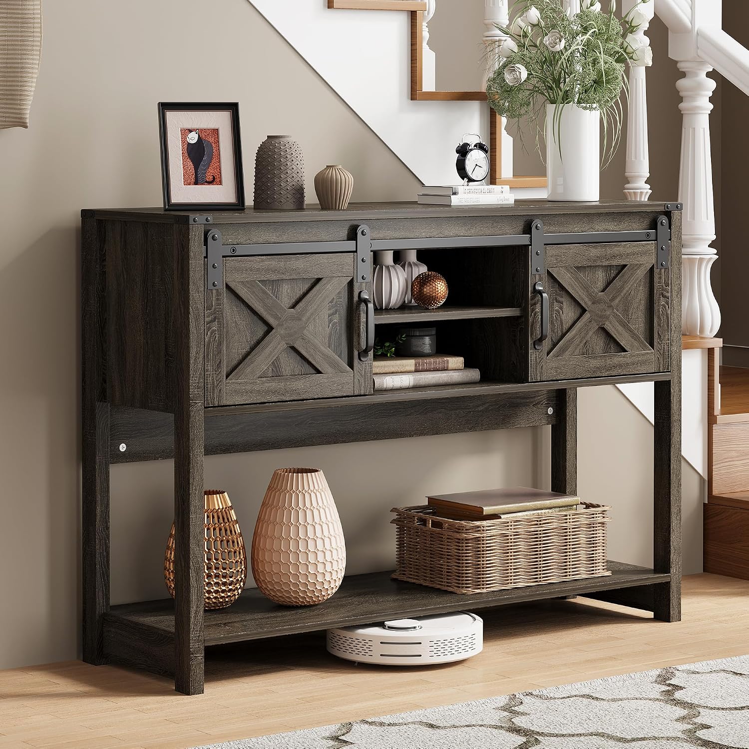 Wood Console Table With Barn Door Storage