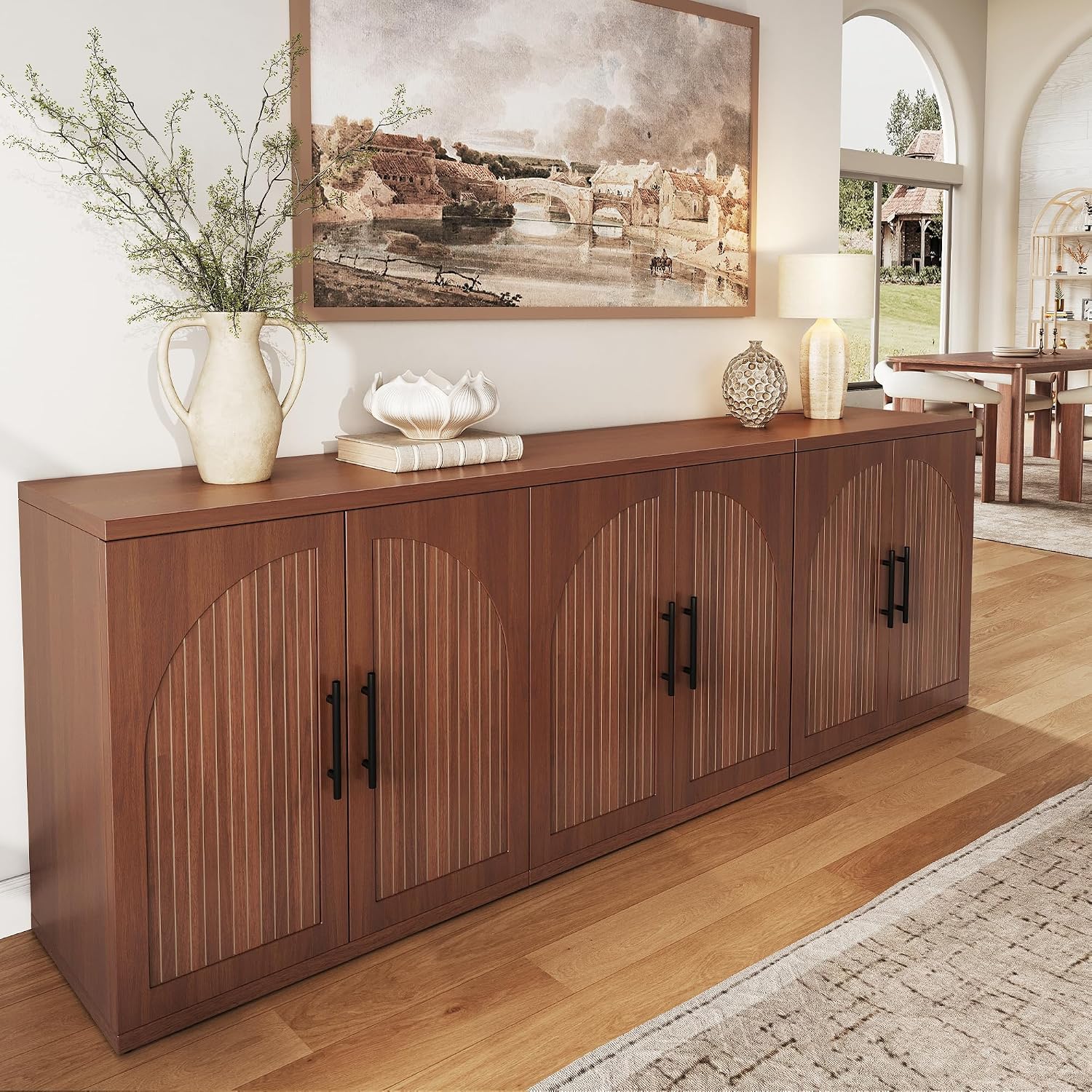 Fluted Walnut Storage Buffet Cabinet