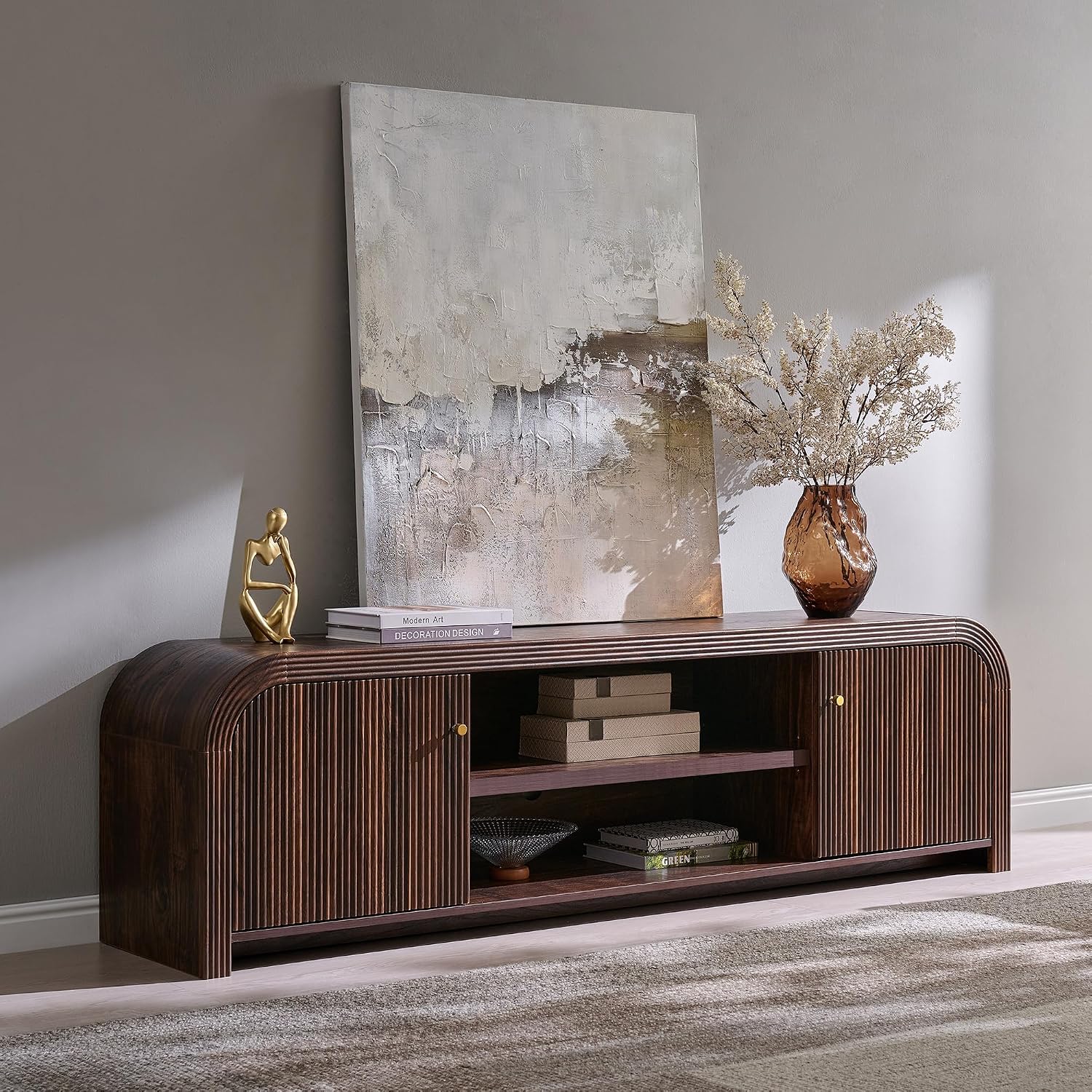 Fluted Walnut Modern TV Storage Stand